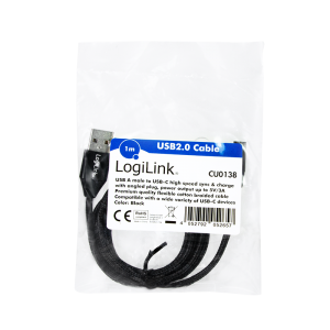 TechLogics - USB 2.0 C(90Â°) <--> USB-A 1.00m LogiLink Zwart