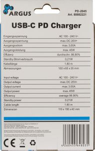 TechLogics - Lader 230V 1xUSB-C 45W Argus PD-2045 Zwart